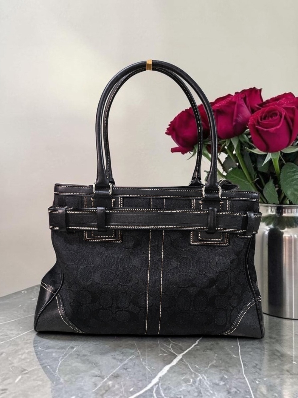 Coach Hampton Vintage 2006 Black Signature Canvas Tote with Silver Hardware - Picture 2 of 15